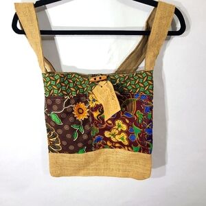 Timbali Crafts Women's Purse Canvas Bag‎ Brown Wooden Button Closure Patchwork